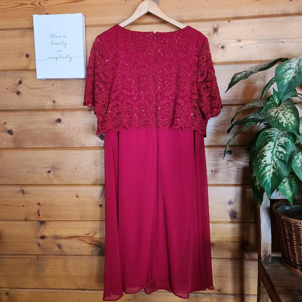 R & M Richards Dress Red‎ Lace & Sequin Overlay Chiffon Sheer Cocktail Petite 14